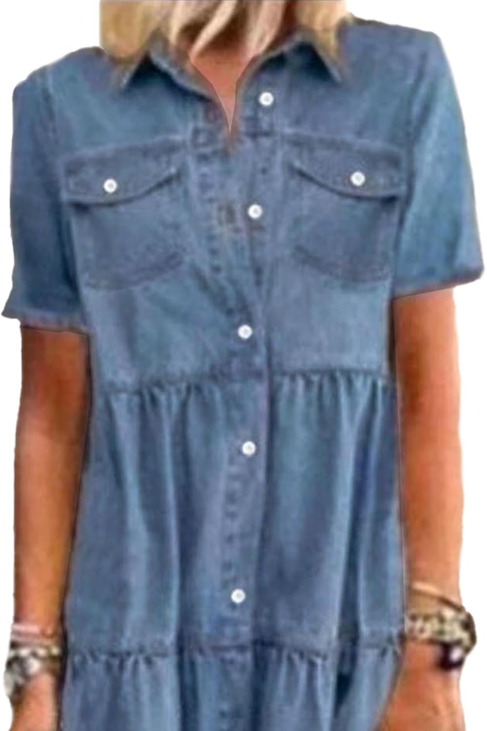Sexyshine Women's Button Down Denim Dress Short Sleeve Lapel Collar High Waist A Line Swing Ruffle Jeans Maxi Dress - Image 3