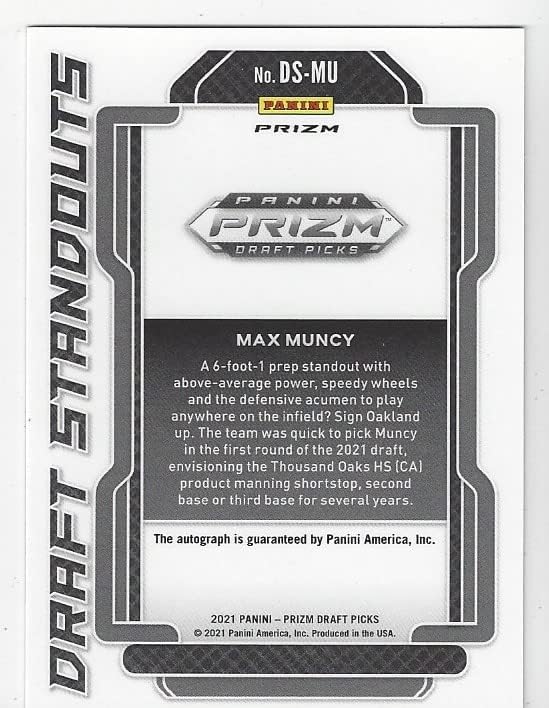 Max Muncy Autographed Panini Prizm Draft Standouts Signature Collectible Baseball Card - 2020 Panini Prizm Draft Picks Baseball Card #DS-MU (Athletics) Free Shipping