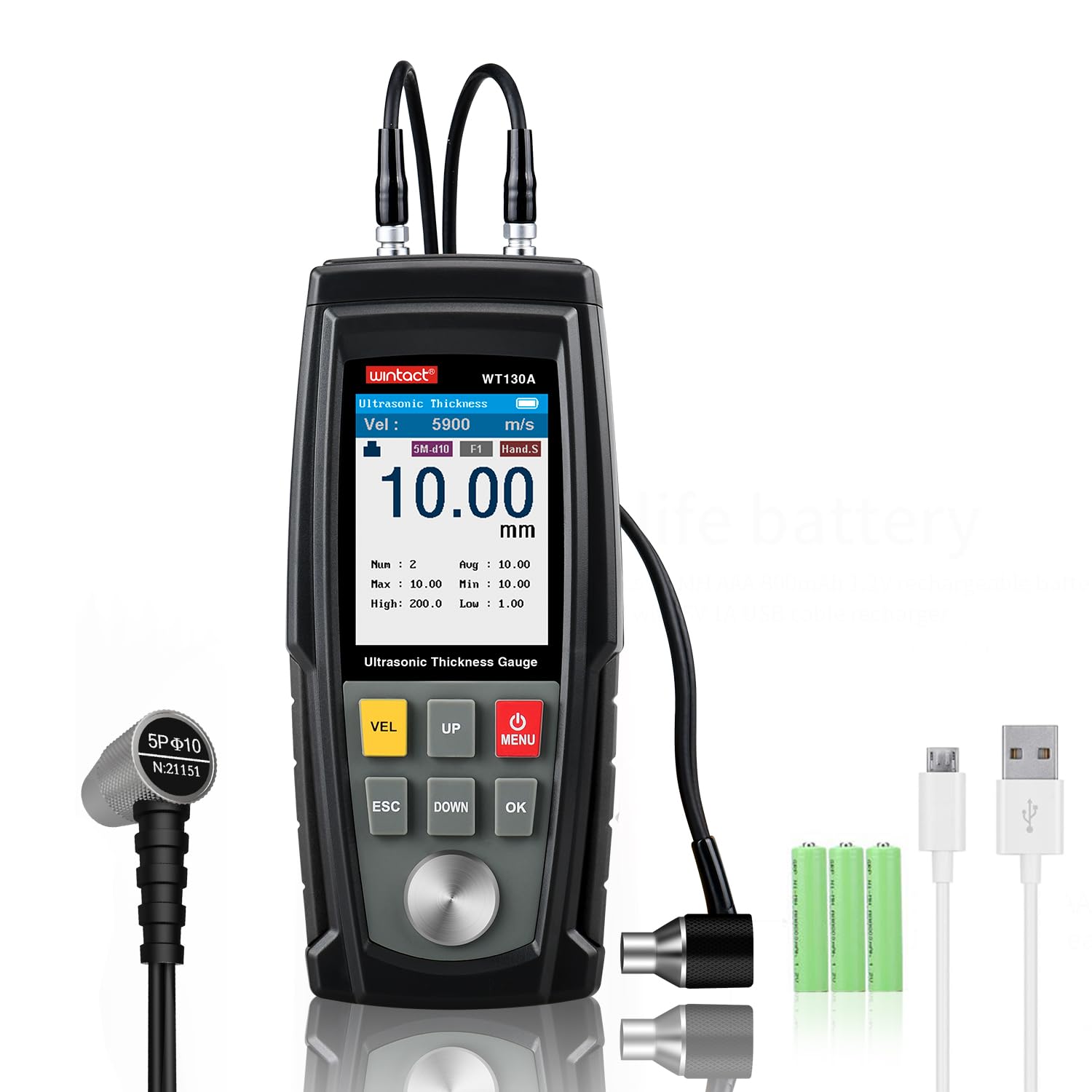 Wintact Digital Ultrasonic Thickness Gauge, UT Meter, Range 0.039 to 11.81 in with Probe for Measuring Metal and Nonmetal Materials, Steel, Silver, Plastic, Glass, PVC, Pipes