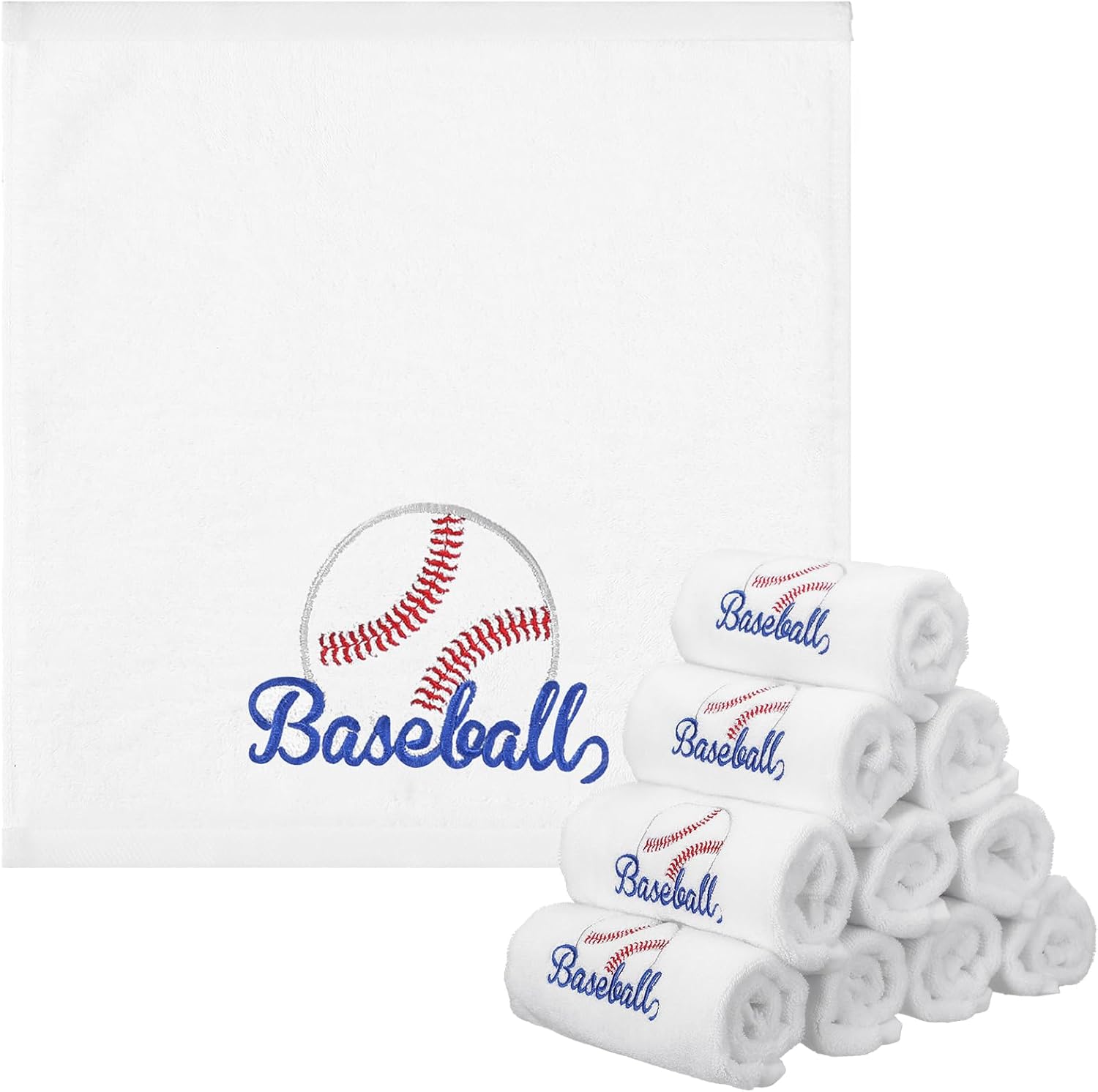 FuWeave 12 Pcs Baseball Towels Bulk Baseball Team Gift Party Favor Absorbent Cotton Embroidered Hand Towels for Women Men Bath Sweat Sports Lovers Coach Player Gym Bathroom Beach, 13.8 x 13.8 in