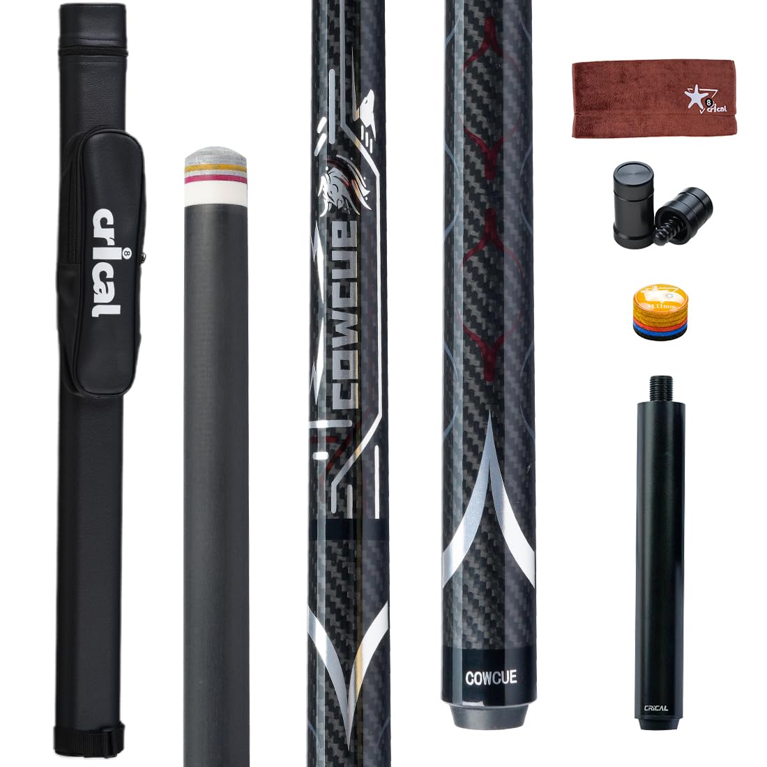 CRICAL Carbon Fiber Pool Cue COWCUE Series Low Deflection Billiards Cue Stick 58" Professional Pool Table Sticks for Adults -12.5mm Tip, Weight 19OZ (Adjustable), 3/8 * 8 Joint