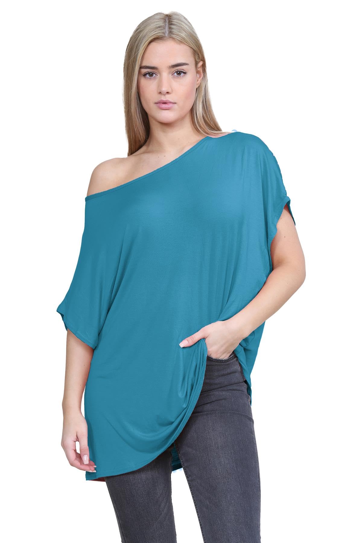 Hamishkane Women's Teal Hamishkane® Bardot Baggy Style Oversized T Shirt For - New Plain Off The Shoulder Batwing Top, Fashionable Tops For Casual Party Wear