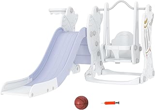 AIYAPLAY 3 in 1 Slide and Swing Set for Kids, Toddler Swing, Baby Slide, Basketball Hoop, Space Theme Gift for Ages 1.5-4 Year - White and Grey
