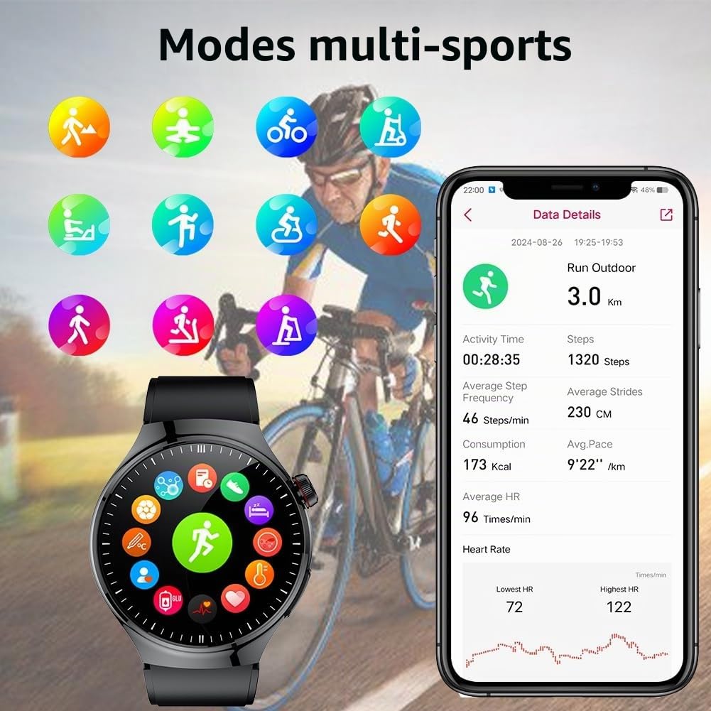 Montre Connectée ECG Homme, 1,43" AMOLED Montre Intelligente pour Composer Répondre aux Appels, Smartwatch avec SpO2 Fréquence Cardiaque, Message Notification pour Android iOS