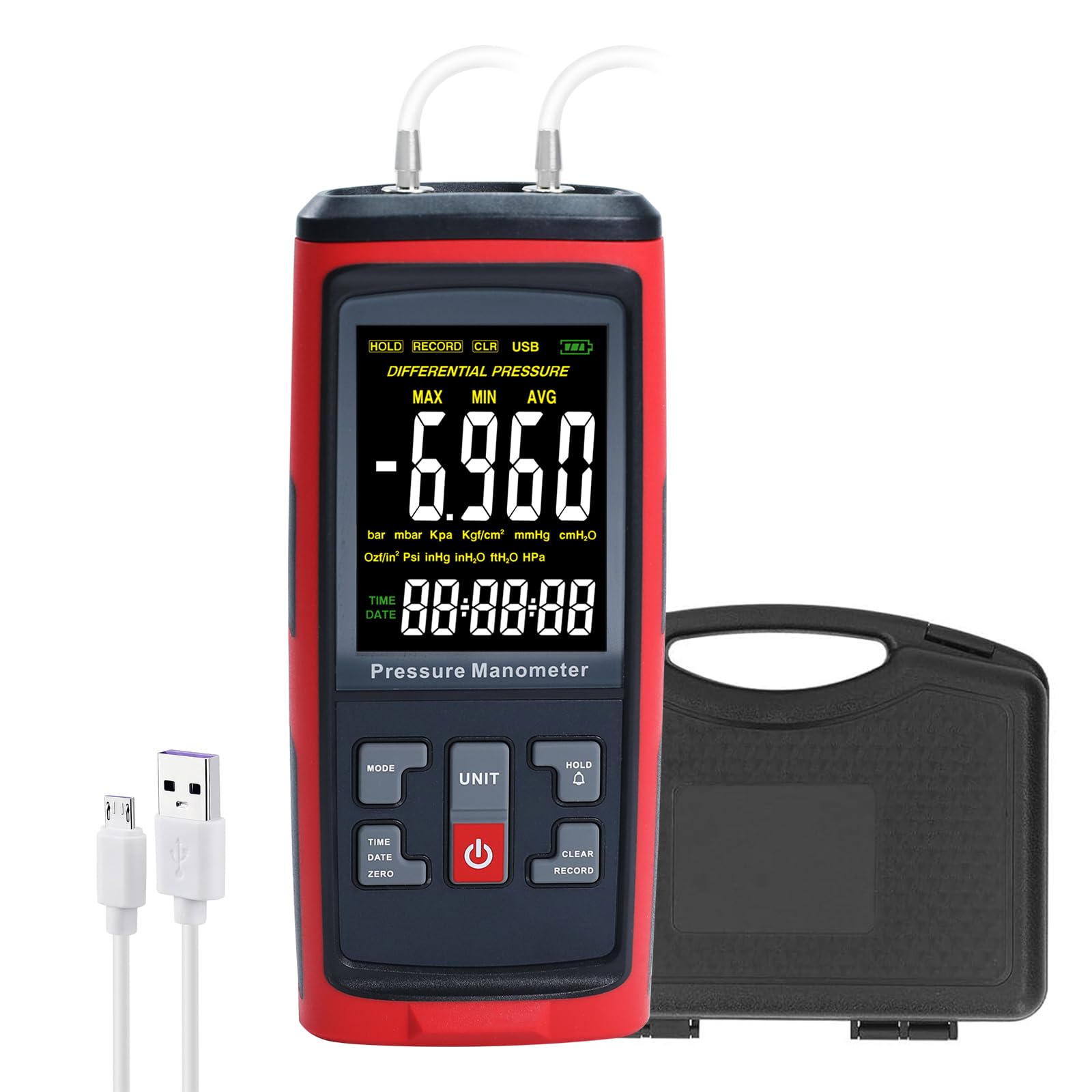 Digital Manometer Gas Pressure Tester with ±200 inH2O Measuring Range, Differential Pressure Gauge - HVAC with Large LCD Screen