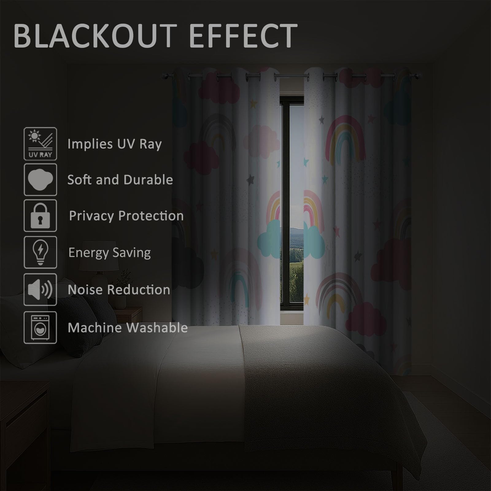 Blackout Zasłony w stylu boho, tęczowe gwiazdy, zasłona zaciemniająca z oczkami, jasny kolor, miękkie zasłony poliestrowe, do salonu, sypialni, dla chłopców i dziewczynek, zestaw 2 sztuk, 260 x 140 cm