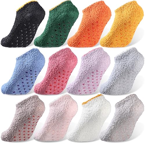 Image of Liitrsh 12 Pairs Non Slip Hospital Socks for Women Fluffy Fuzzy Slipper Socks with Grips Winter Socks Bulk for Men Women Christmas Gifts Home, Multicolored, One Size