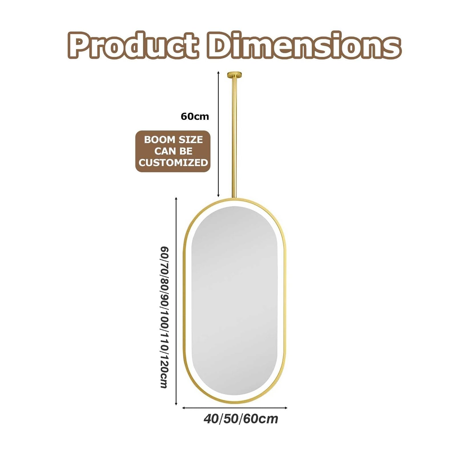 Specchio da soffitto con luce a LED, supporto ovale in metallo, luci dimmerabili a 3 colori, mobiletto a parete (asta personalizzabile)(Gold,40x80cm)