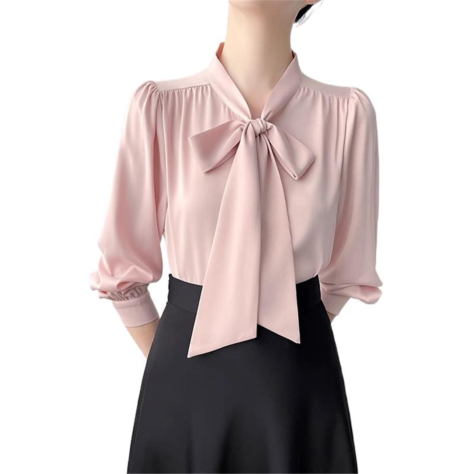 Camisa de Oficina de Saten con Manga Larga y Lazo para Mujeres