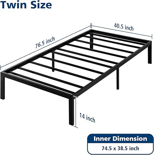 Miniatura 2 de AKSG Marco de cama individual de metal de 14 pulgadas con plataforma de almacenamiento, marco de cama de tamaño individual, no necesita somier,
