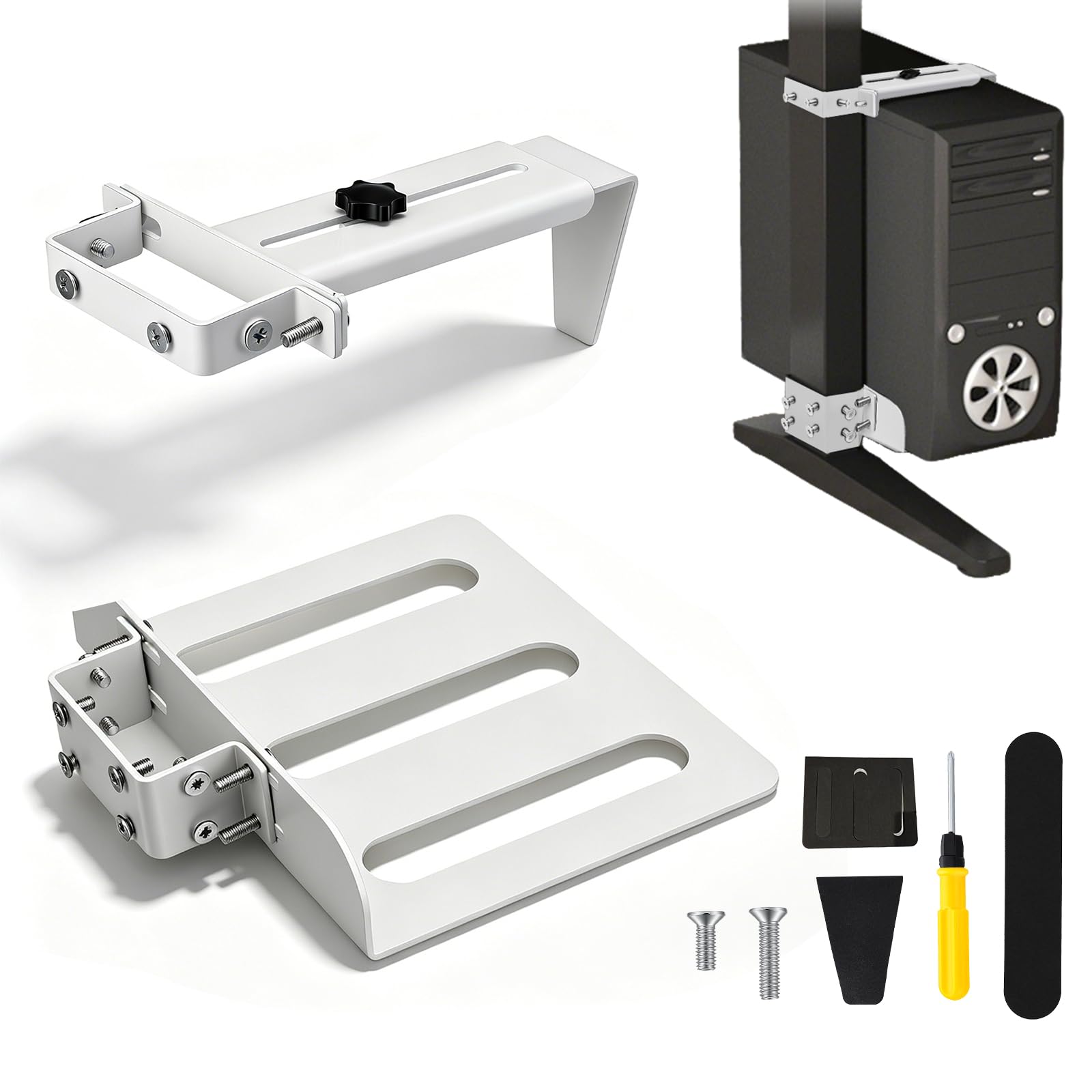 PC Halterung unter Schreibtisch Weiß, PC Halterung Schreibtisch Ohne Bohren, 20 kg (44lbs)Tragkraft, Höhen & Breitenverstellbar, PC Tischhalterung(Tischbein 80x50 mm) für die Meisten Computertische