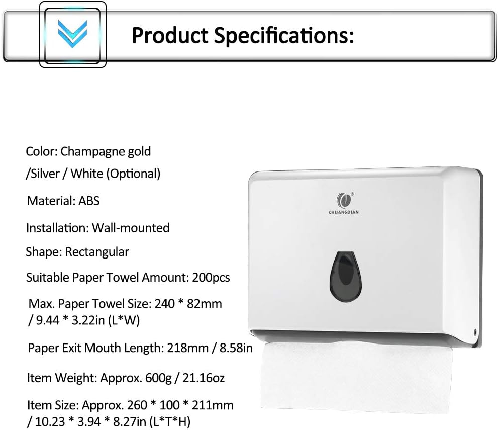CHUANGDIAN Multifold Paper Towel Dispenser Wall-Mounted Bathroom Tissue Dispenser for Business Commercial Use (White)