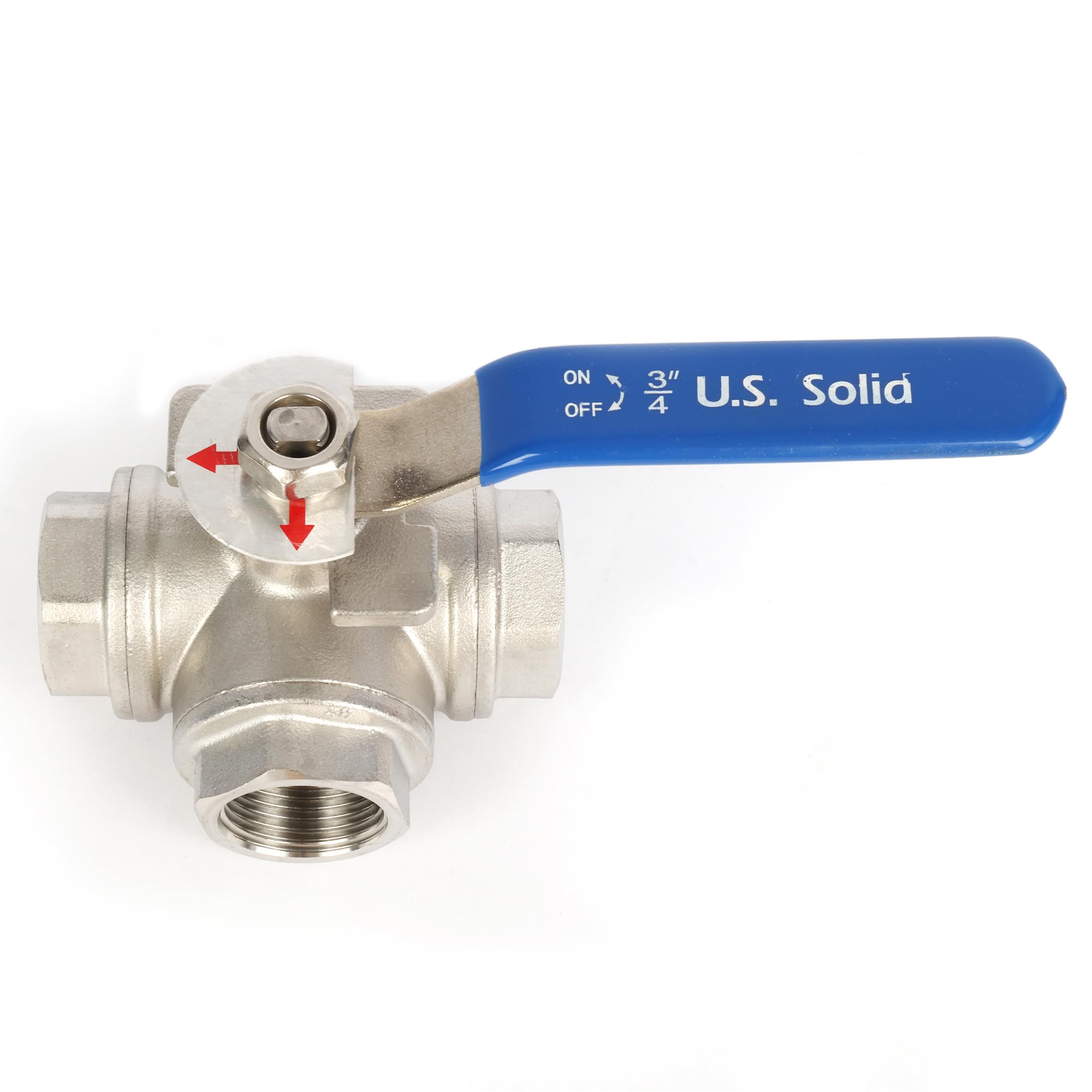 U.S. Solid Valvola a sfera 3 vie in acciaio inox 304 – 3/4" DN20, filettatura G, flusso a L, montaggio a cuscinetto