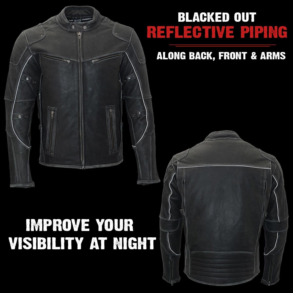 Milwaukee Leather MLM1536 Mens Vintage Distressed Grey Leather Scooter Style Motorcycle Jacket - Reflective Piping — view 5