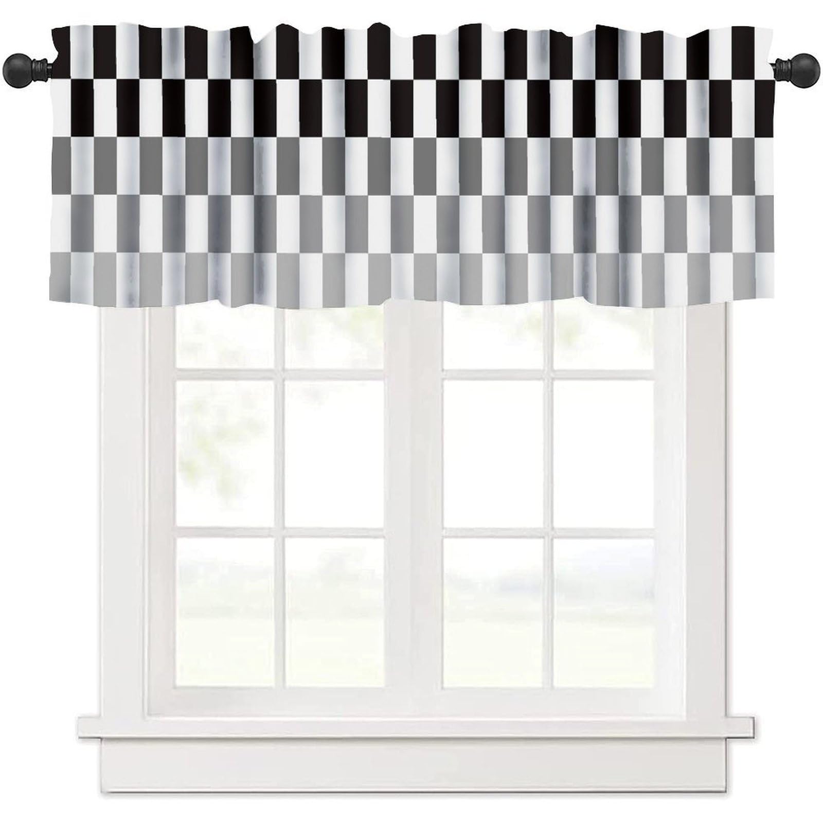 Geometric Striped Window Valance Curtains Gray Black Stripes Window Treatments Modern Abstract Art Aesthetic Boho Block Grid Check Curtain Valance for Bedroom Living Room Kitchen 54x18inch