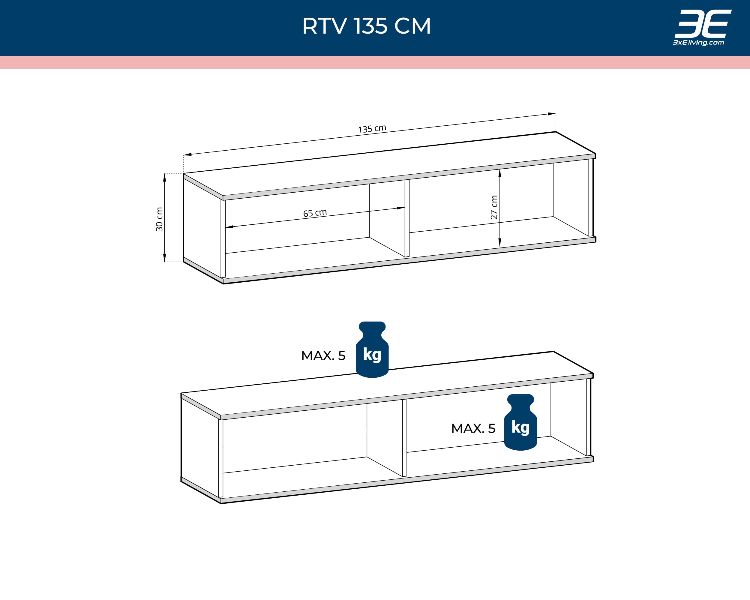 3E 3xE living.com Hängendes TV Schrank - Modernes Design mit Push-to-Open-Funktion. Farbe: Weiss, D: L: 135 cm, H: 30 cm, T: 32 cm. TV Lowboard, TV Board, TV Sideboard Hängend, Wandschrank hängend