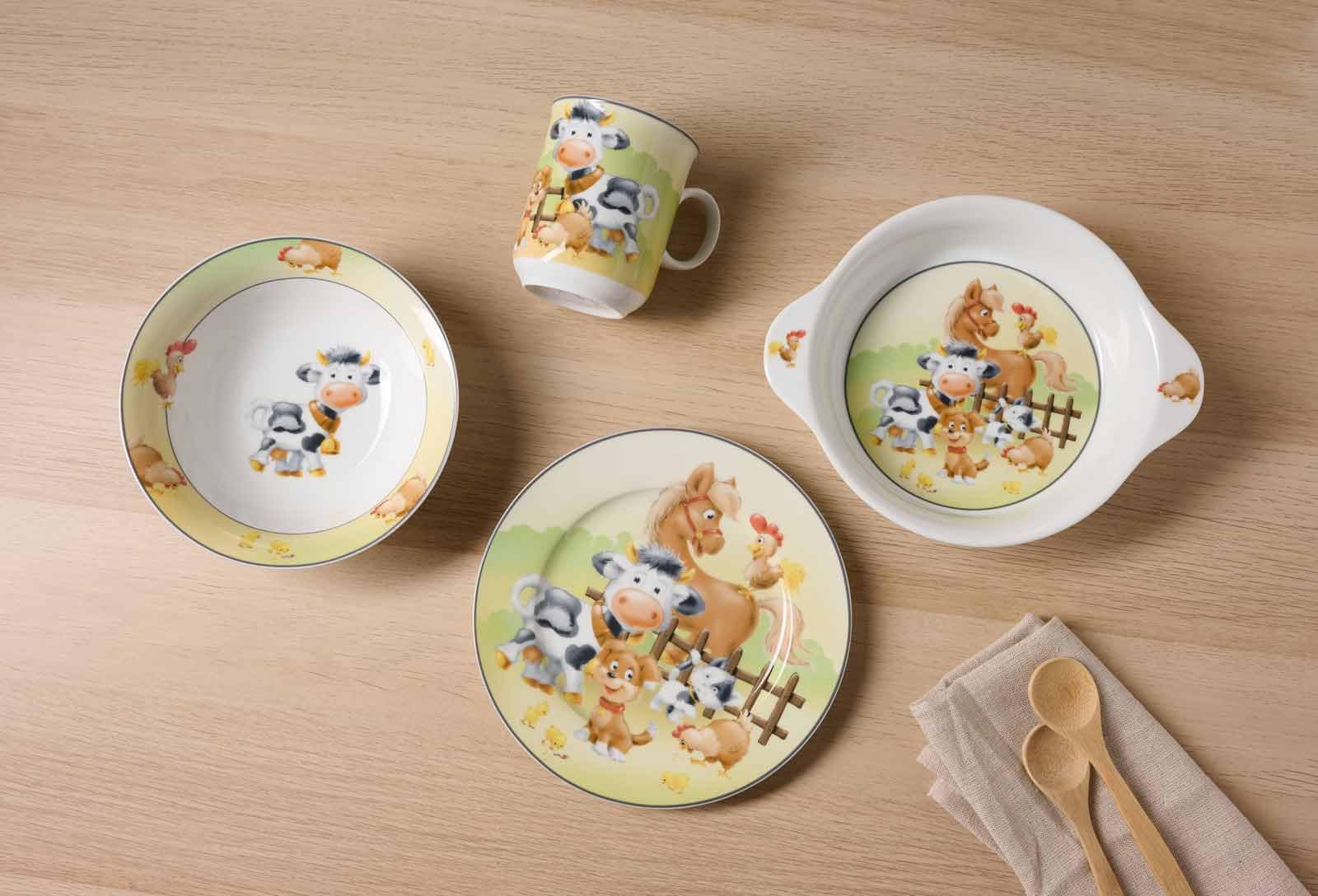 Ritzenhoff & Breker Kindergeschirr-Set Hoftiere 3-teilig mit Besteck | Teller, Schale, Becher, Gabel, Messer und 2 Löffel | Tiere vom Bauernhof | Porzellan, Edelstahl | Bunt