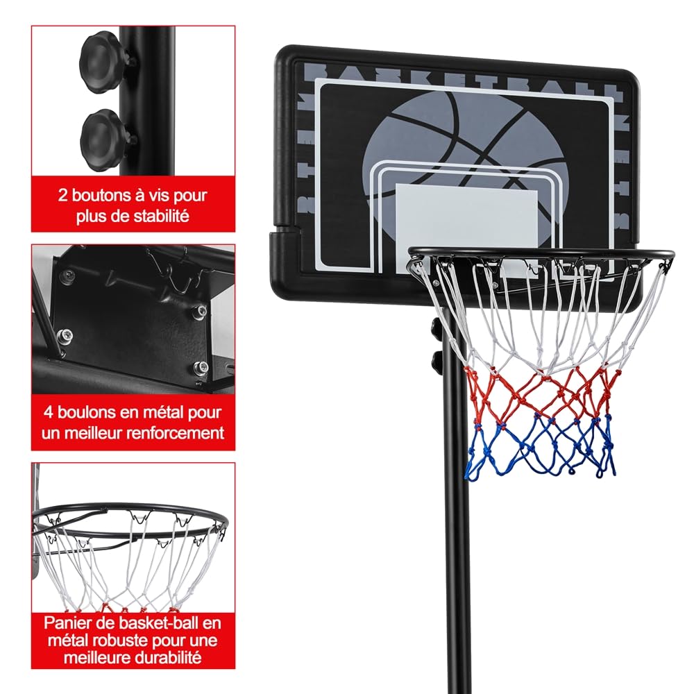 Yaheetech Panier de Basket Extérieur Portable Réglable en Hauteur 219-249/234-264 cm Panier de Basket sur Pied à roulettes avec Base de Lestage Panneau Arrière Robuste Noir
