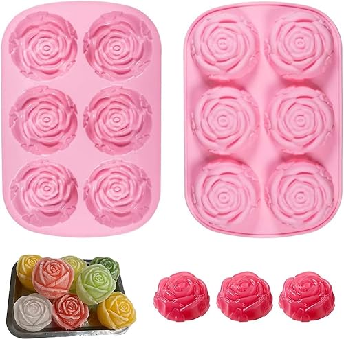 Paquete de 2 moldes de silicona para velas de rosas, moldes de jabón, moldes de gelatina de chocolate, 6 cavidades, diseñador de resina, moldes de