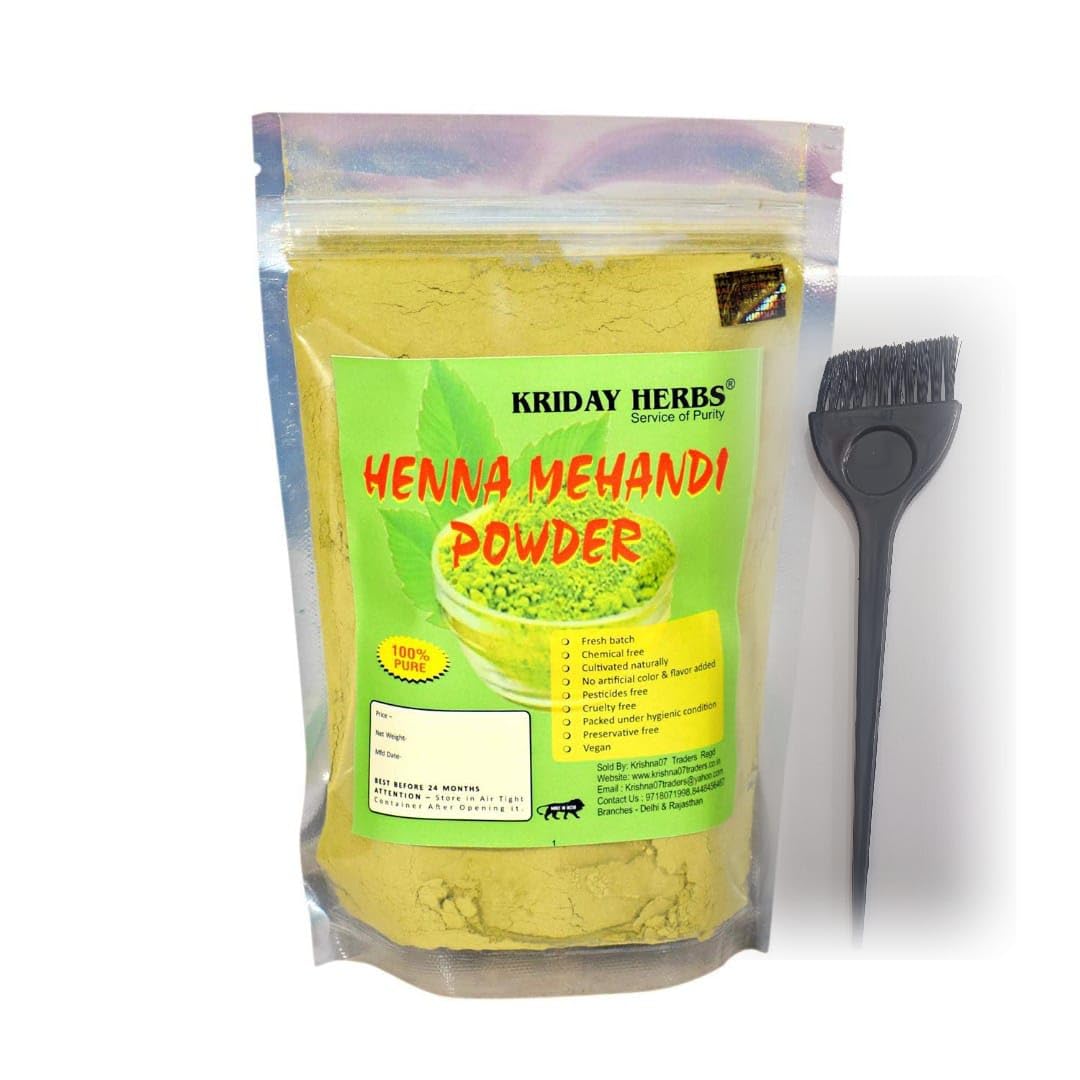 KRIDAY HERBS Pure & Natural Henna Powder, Herbal Heena Mehendi Powder, Used for Coloring Hair and Deep Conditioning Scalp 250 gm with free Hair Brush