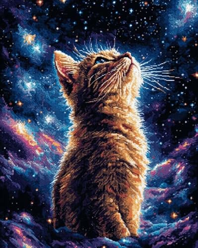 AxiangziK Counted Cross Stitch Kits 12x16 inchThe cat Gazing at the Stars pre-Printed Fabric Cross Stitch Set DIY Art Embroidery Kits Needlework Crafts