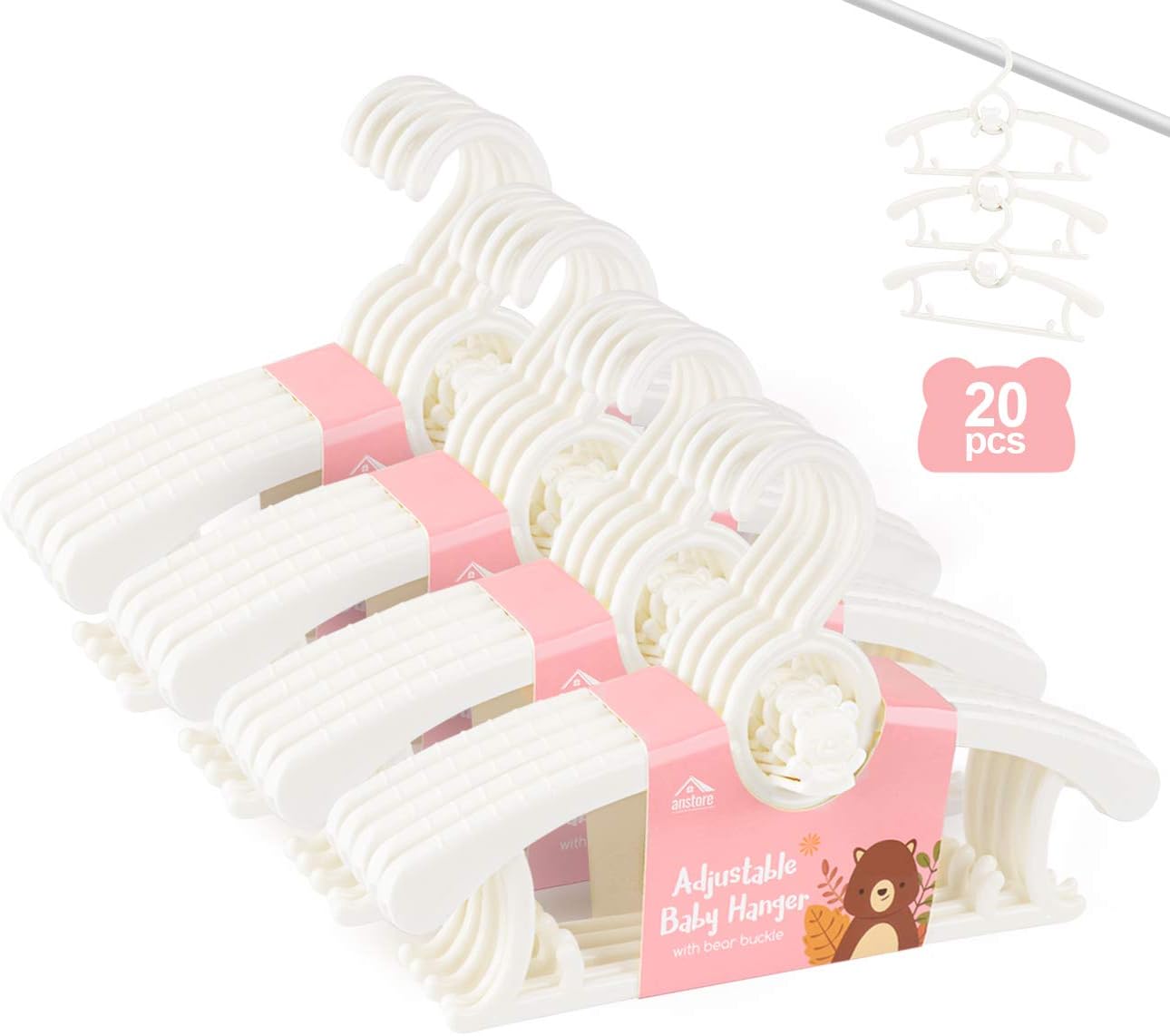 Anstore 20 Pack Plastic Nursery Hangers, Extendable Baby Hangers for Clothes, Children Coat Hangers with Space-Saving Stackable Hooks, Non-Slip Toddler Hangers for Kids from Birth to 12 Years (White)