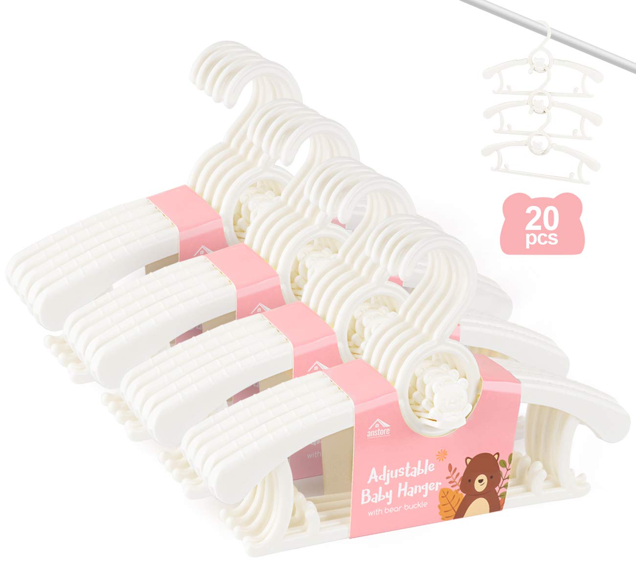 Anstore 20 Pack Plastic Nursery Hangers, Extendable Baby Hangers for Clothes, Children Coat Hangers with Space-Saving Stackable Hooks, Non-Slip Toddler Hangers for Kids from Birth to 12 Years (White)Anstore 20 Pack Plastic Nursery Hangers, Extenda…