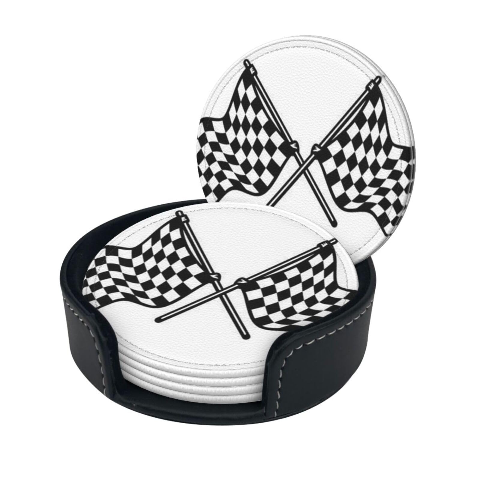 Checkered Flags Race Flag Drink Coasters Set of 6 with Holder Decorative Round Cup Coasters for Coffee Table Kitchen Office Bar