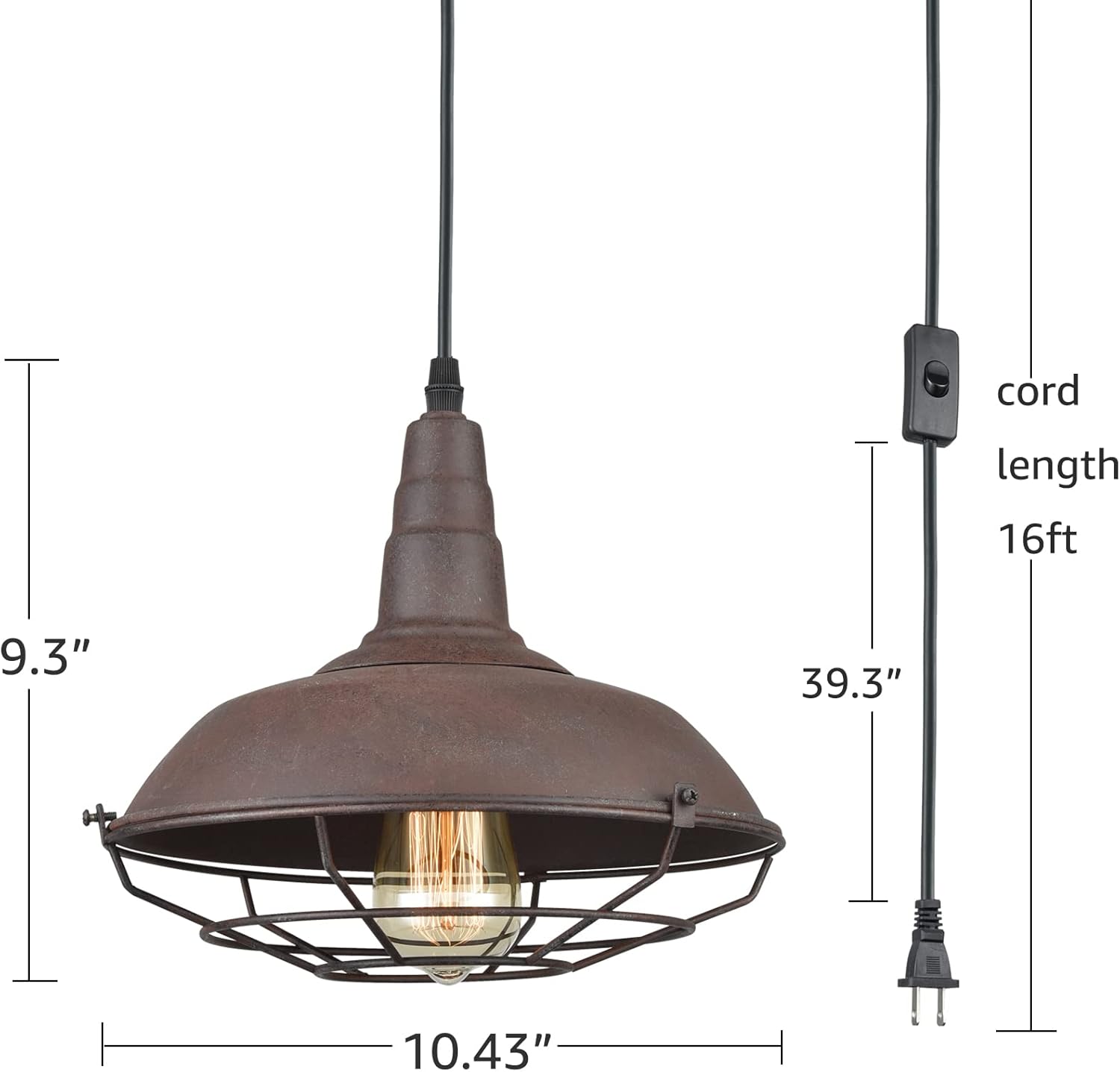 DAYCENT Industrial Plug-in Pendant Light Barn Style Hanging Lamp with Wire Caged Swag Light Fixture for Bedroom Hallway Kitchen Living Room, On/Off Switch
