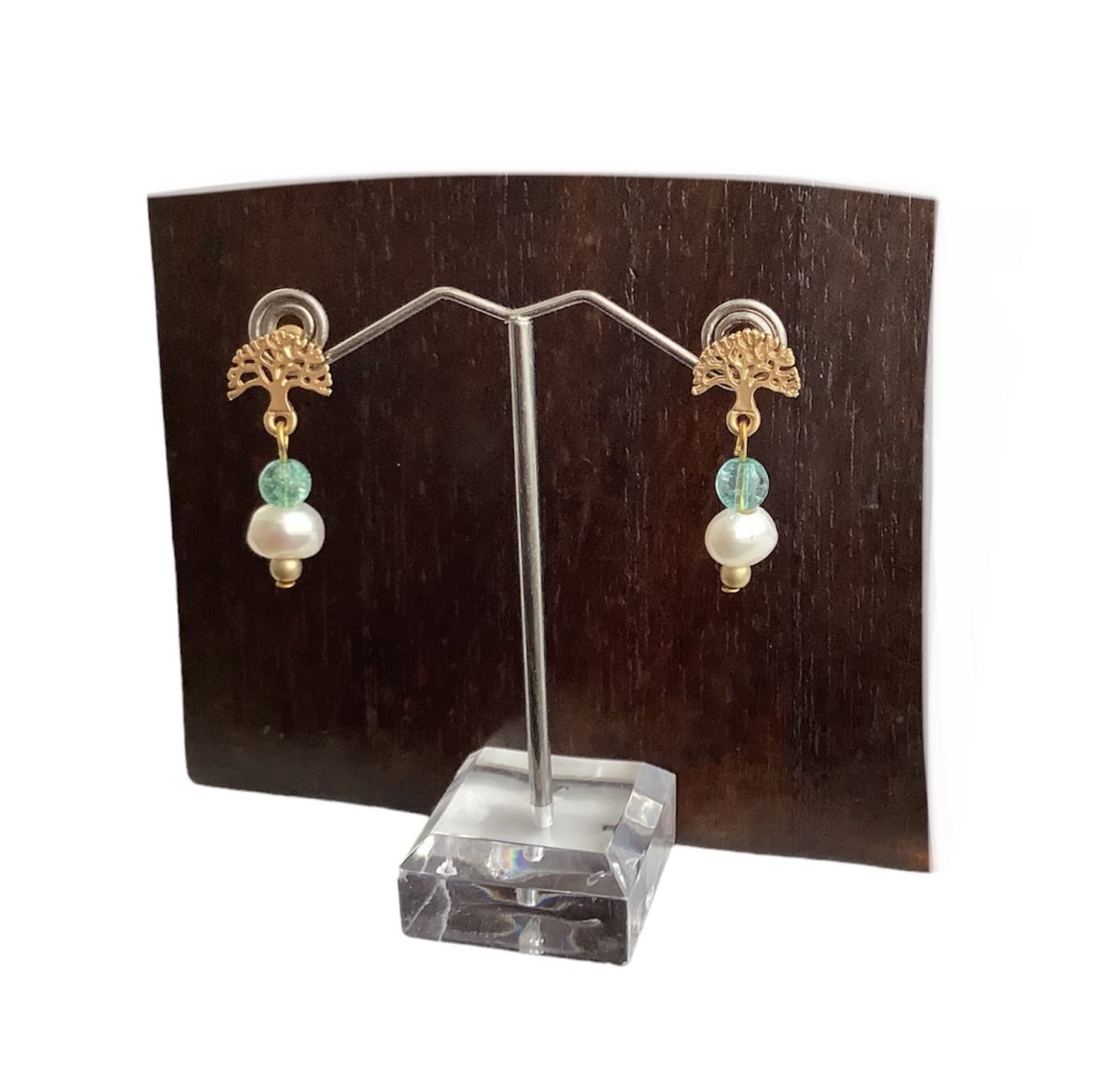 Anhur Anhur Pendientes Árbol de la Vida Dorado Mate con Perla Colgante y Cristal Verde Pendientes a presión Mujer