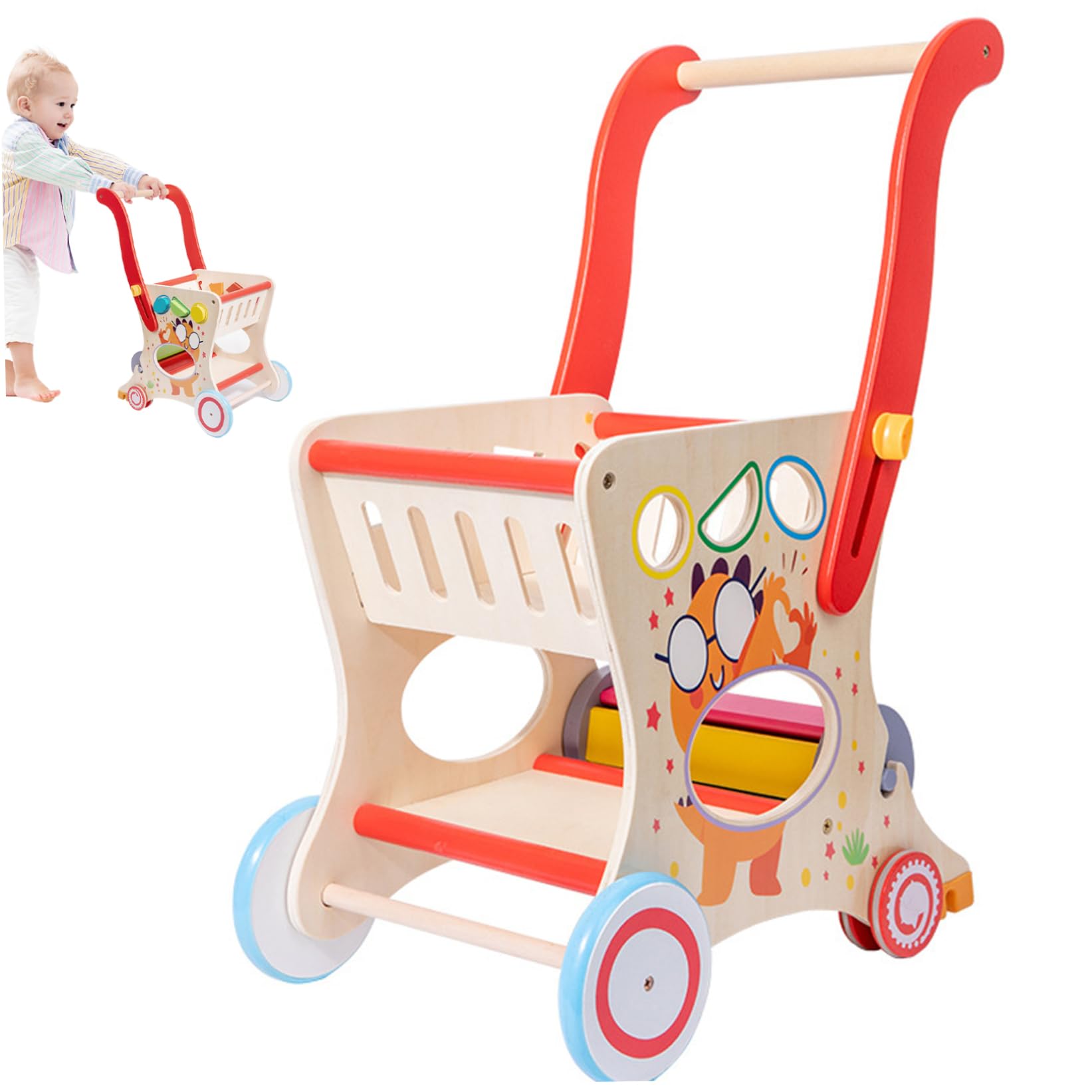 Andador de empuje para bebé con ruedas, andador de empuje de altura con mango ajustable para bebés, bebés y niños pequeños, bebé de madera extraíble para cumpleaños Año Nuevo...