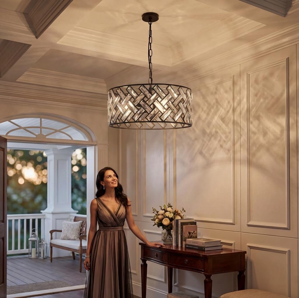16" Modern Crystal Chandelier, Black Drum Pendant Light with Woven Metal Frame, 3-Light Industrial Ceiling Light Fixture for Dining Room, Kitchen Island, Bedroom, Foyer (E26 Base, Bulbs Not Included)