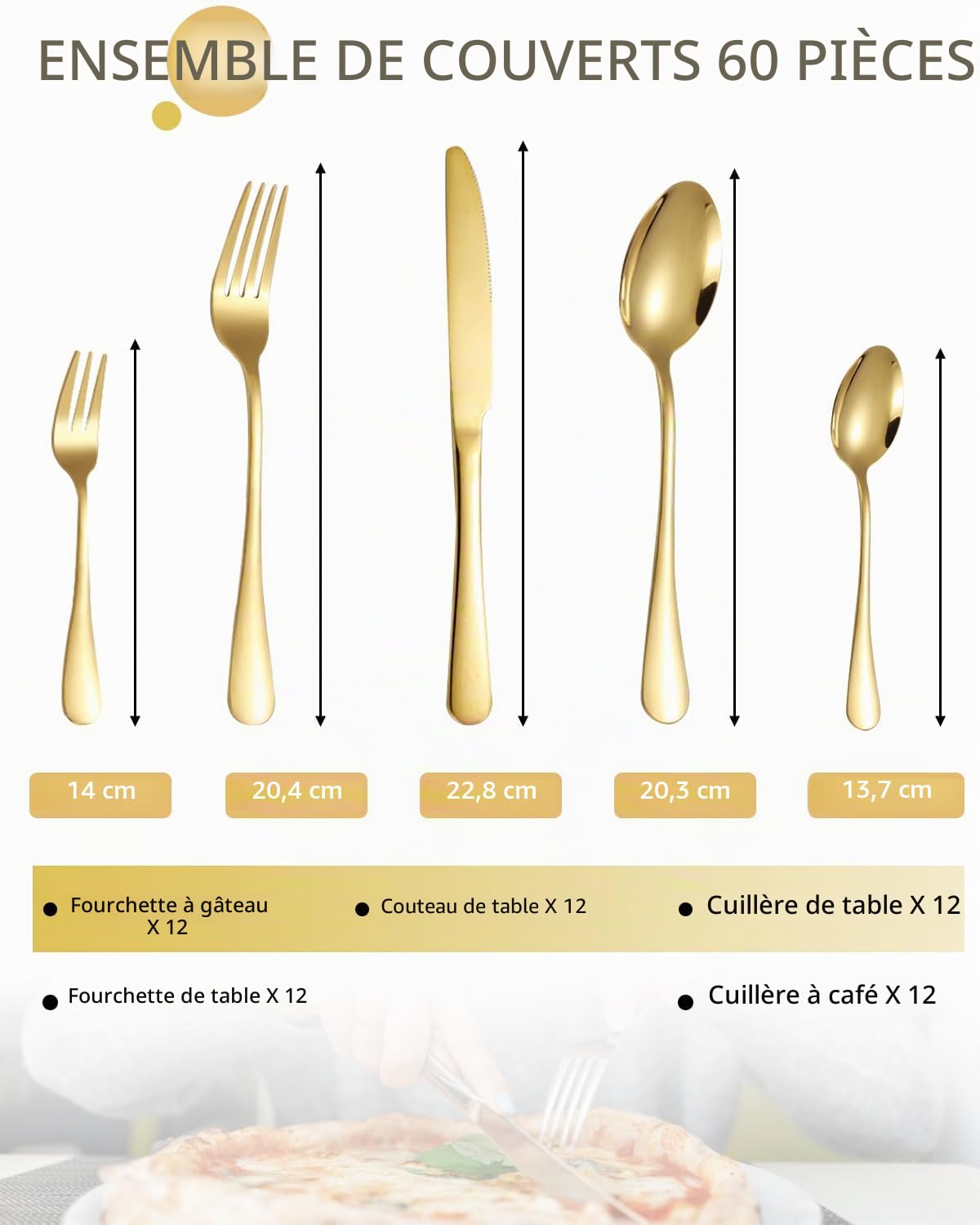Couverts de Table 12 Personnes, Ménagère 60 Pièces Couverts Dorés | Polis et Lavables au Lave-Vaisselle, Couverts Table Doré, avec Couteaux/Fourchettes/Cuillères, pour Maison, Fête, Restaurant