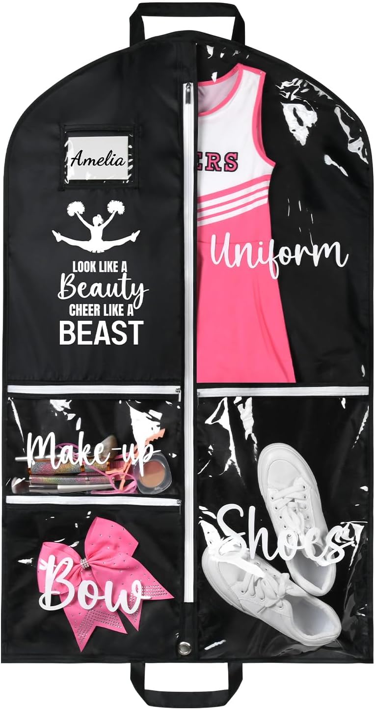 DEEKA Cheer Garment Bag for Hanging Clothes with Zipper Pockets Cheer Accessories Mom Essentials Uniform Costume 40 Inch Black Bags Stuff for Cheerleading Girls (Black,White-Cheer Quote) - Image 9