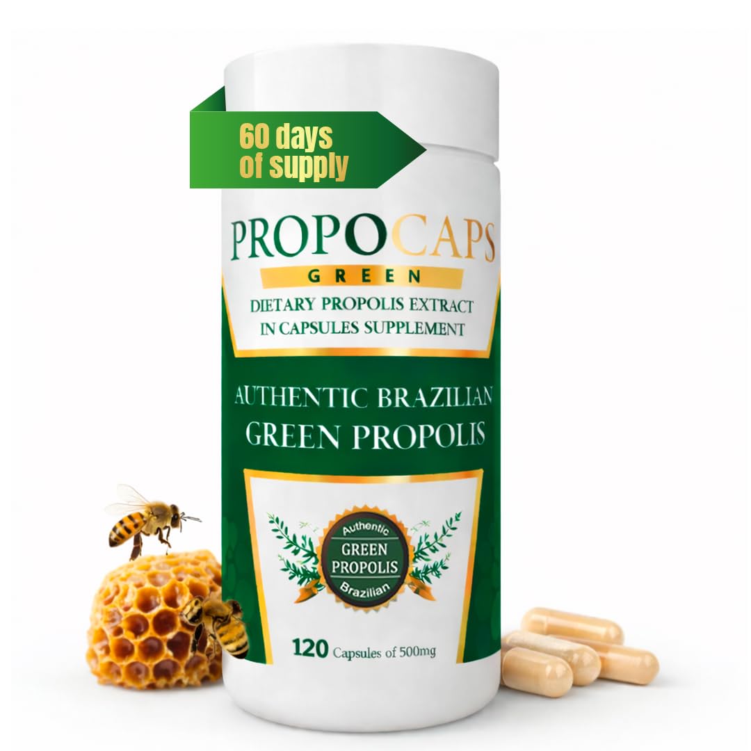 Green Propolis Capsules- 100% Green Propolis and Bee Pollen Capsule Supplement- Propolis Extract, Authentic Brazilian - Certified ISO 22000, Kosher (120 Capsules)