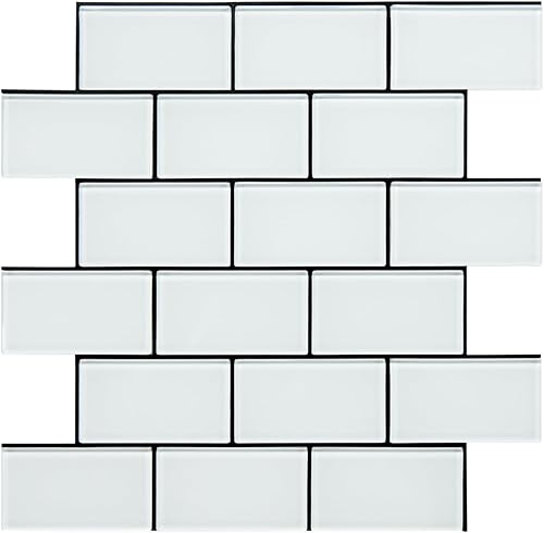 Azulejo de vidrio para salpicaduras de cocina, azulejos de metro súper blancos con marco negro (11.8 x 12 pulgadas, 5 hojas)
