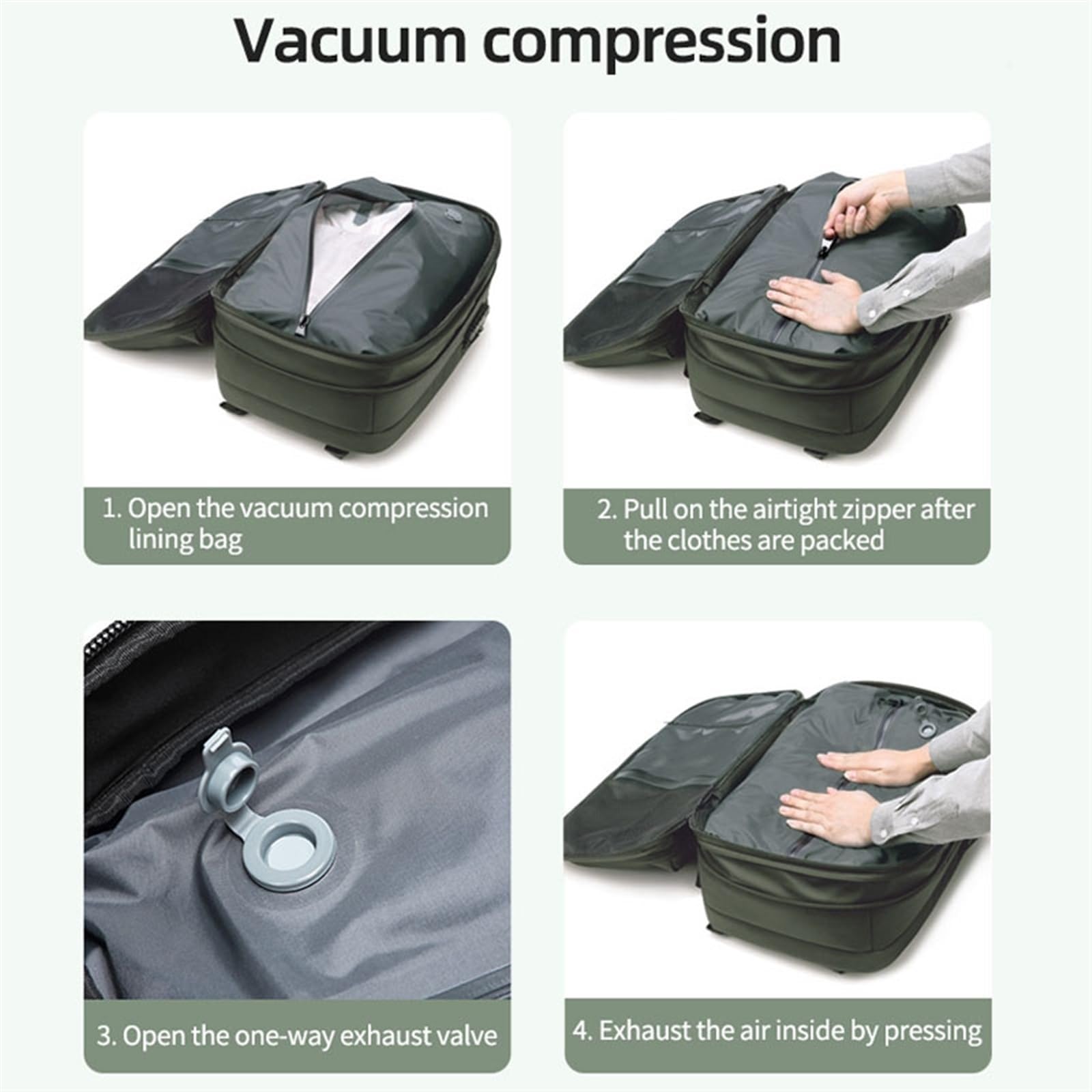 Sac à Dos Extensible Vacpack de Voyage, Étanche et Antivol, 60 L Avec Compression Sous Vide (Vert, Avec Pompe à Air)