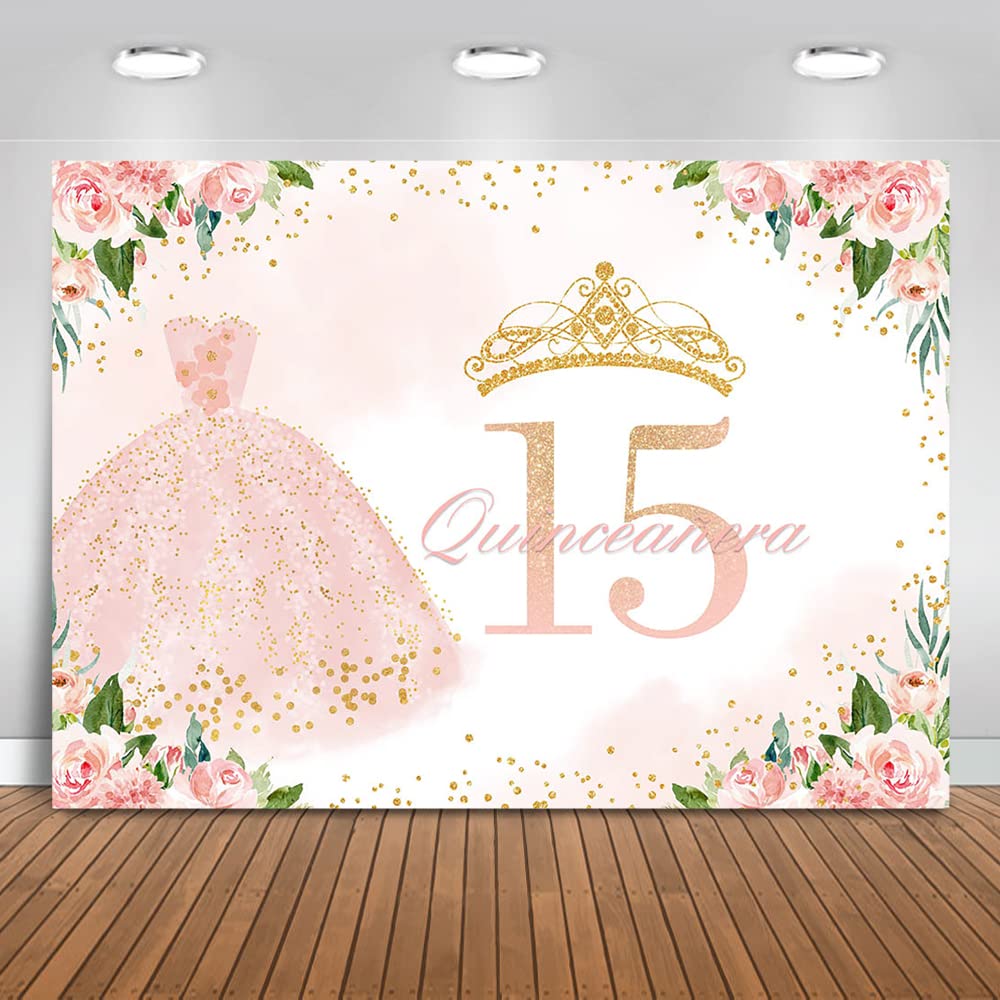 Mocsicka Quinceanera Birthday Backdrop for Girl Mis Quince Anos Birthday Party Decorations Blush Pink Floral 15th Birthday Photograpy Background Photo