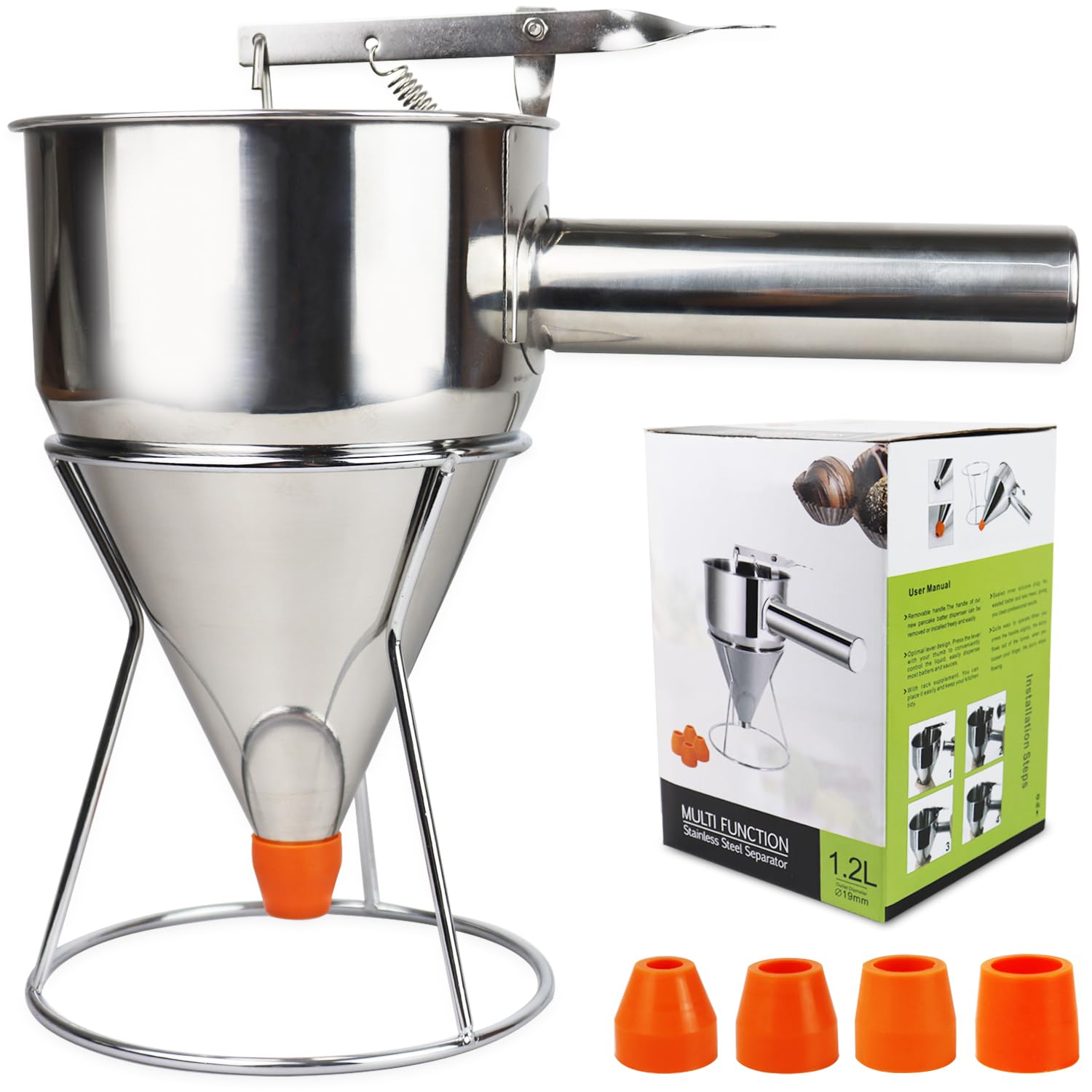 Pancake Batter Dispenser, Large 40oz/1200ml Multi-Caliber Stainless Steel Funnel Cake Dispenser with Stand for Commercial and Home Use