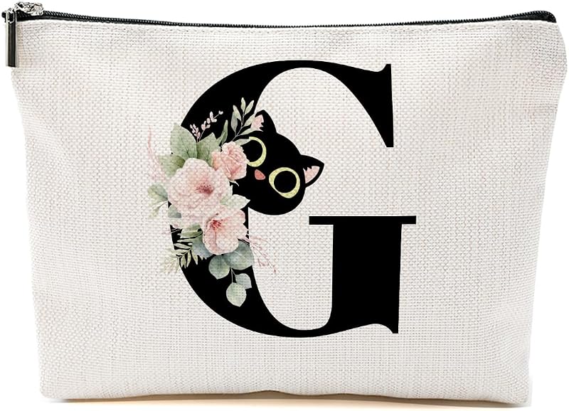 Necessaire de maquiagem floral com gato e inicial G CFGBFDGH