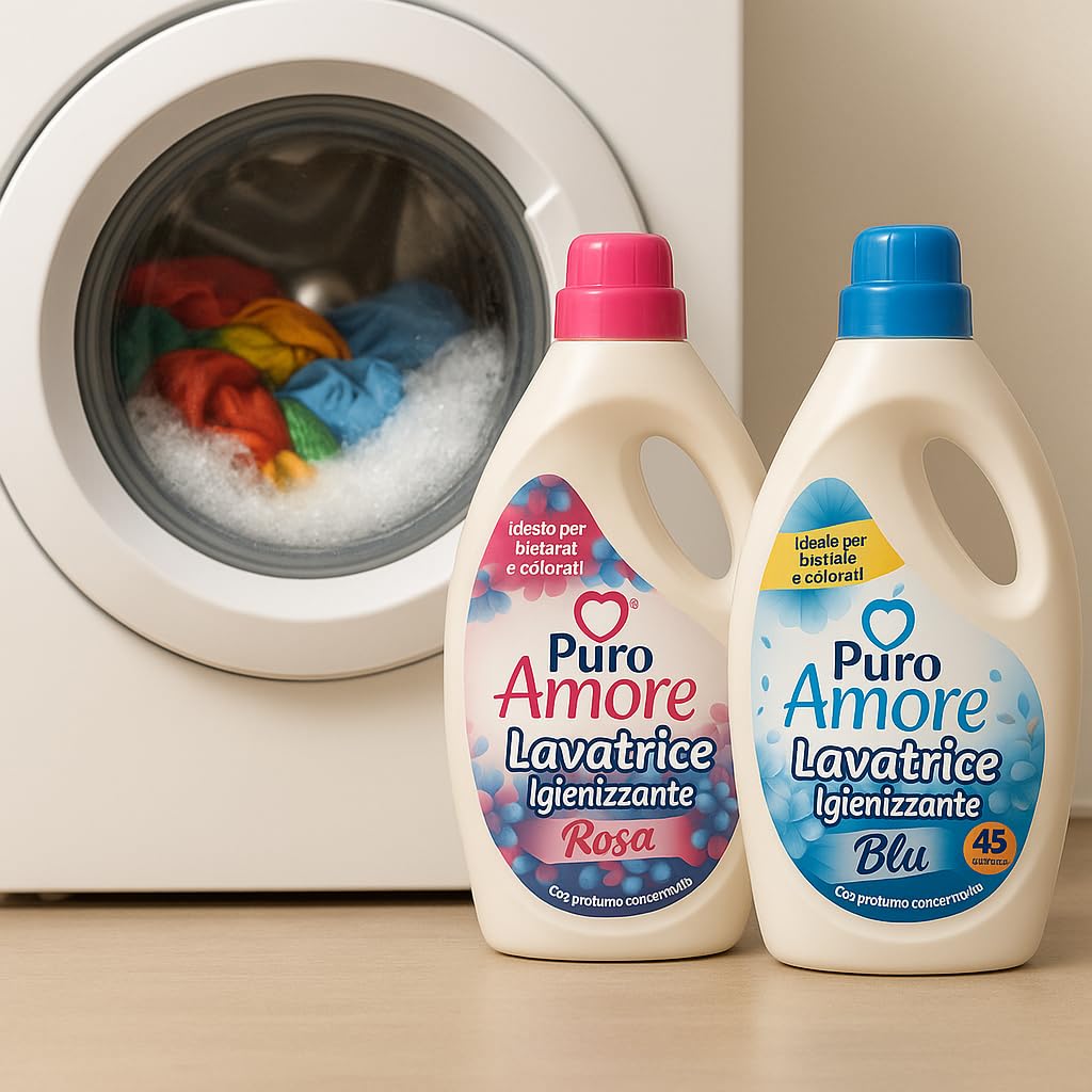Puro Amore Detergente Liquido Lavatrice, Igienizzante Rosa e Blu, Profumo Concentrato, per Bianchi e Colorati, 2 Fragranze, 45 Lavaggi ciascuna – Confezione da 2, 4 o 6 pezzi (6)