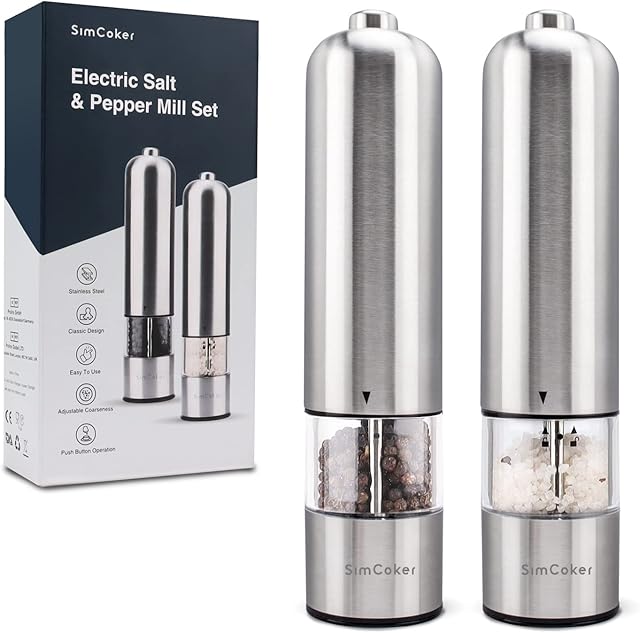 SimCoker Electric Salt and Pepper Grinder - Battery Operated Stainless Steel Pepper Mill with Light - Automatic One Handed Operation - Adjustable Coarseness - Ceramic Grinder - 2 Pack
