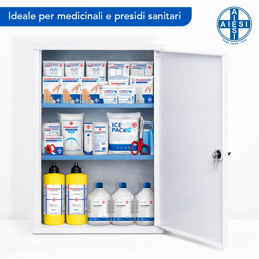 AIESI® Armadietto per medicinali da parete (cm 30x14x46h) in metallo con chiave fornito vuoto, Garanzia Italia 24 mesi