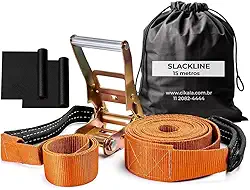 Slackline Laranja 15 M Catraca + Alças + Protetores + Bolsa