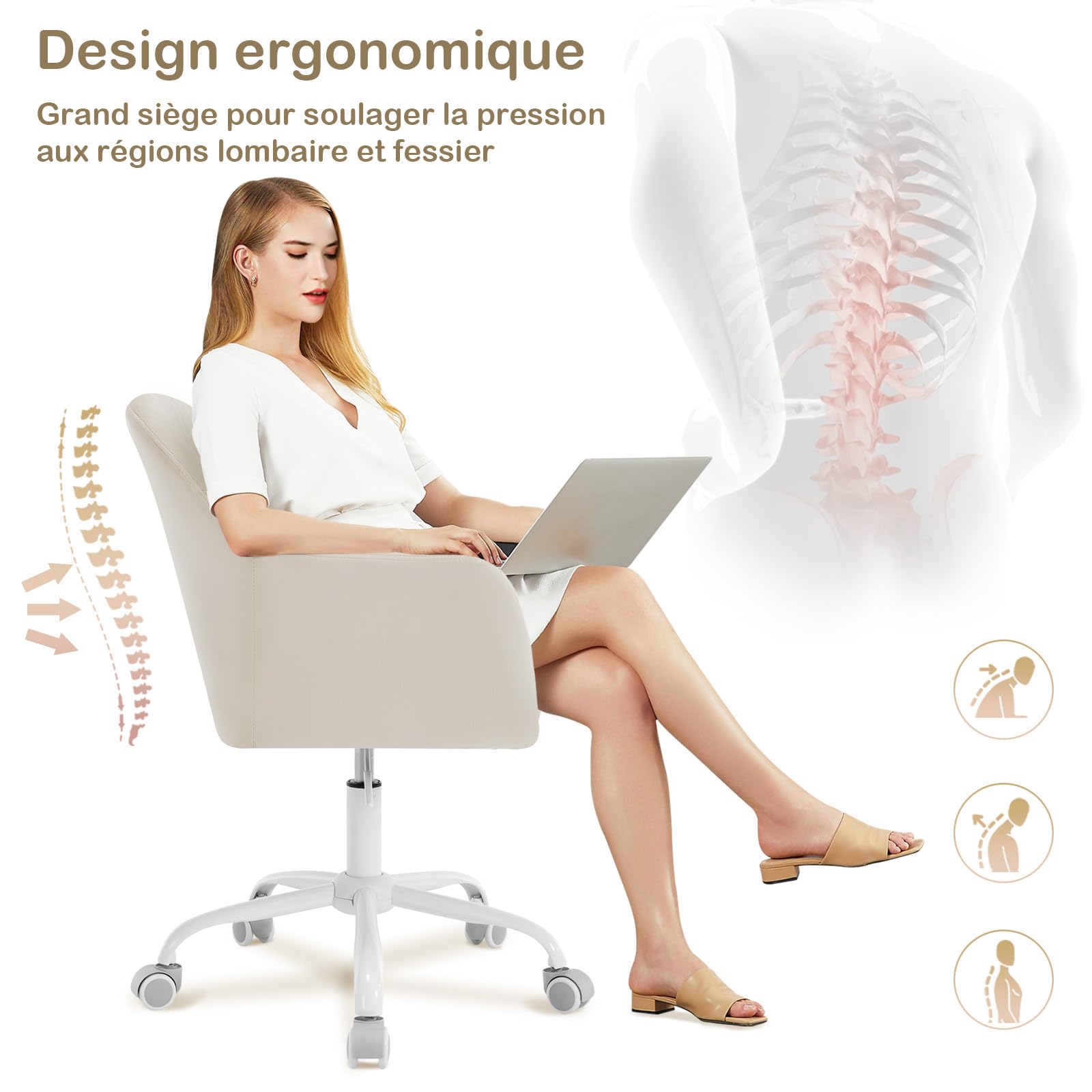 WOLTU Chaise Bureau Velours, Chaise Coiffeuse, Fauteuil Pivotant Ergonomique, Siège Rembourré, Réglable en Hauteur, pour Bureau, Chambre, Beige