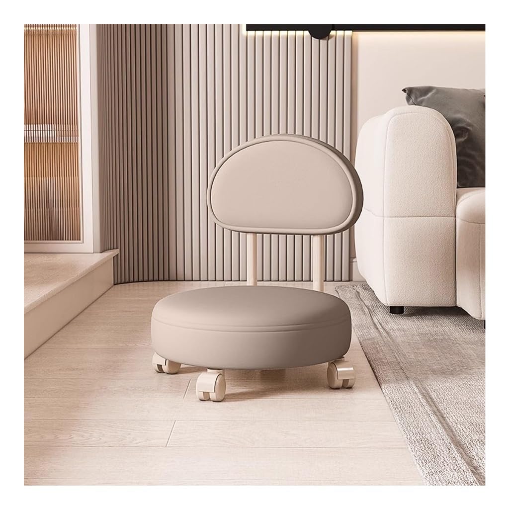 Wdsopk Brown 360° Rotating Low Stool With Backrest,Rolling Pulley Stool Low Stool With Wheels,Shoe Changing Makeup Cleaning Chair Faux Leather Ottoman Pulley Chair（Brown）