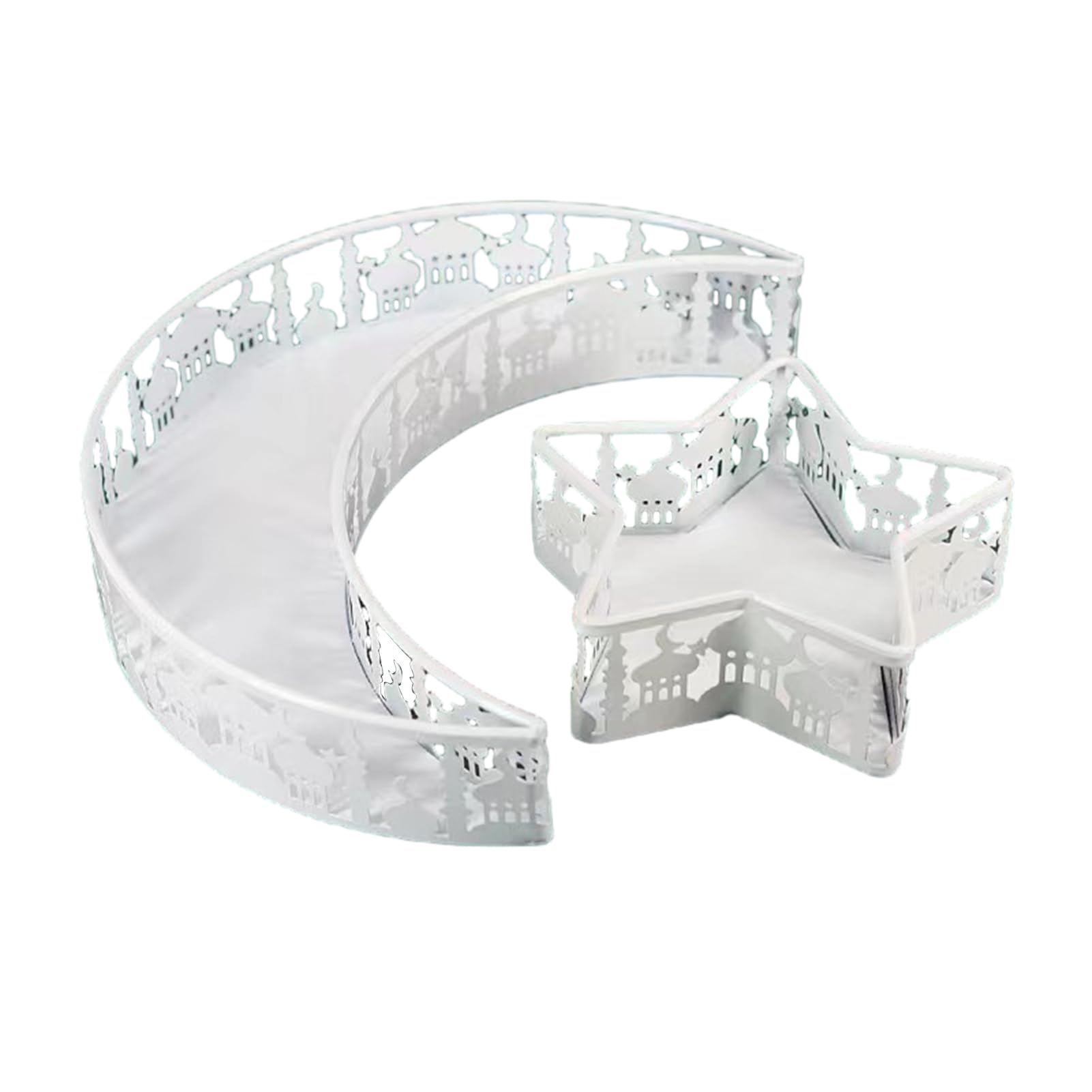 VALINK Eid Mubarak Dinner Plates, Eid Ramadan Decoration, Metal Moon Star Shaped Serving Tableware Platters, Reusable Table Food Storage Container Platter White