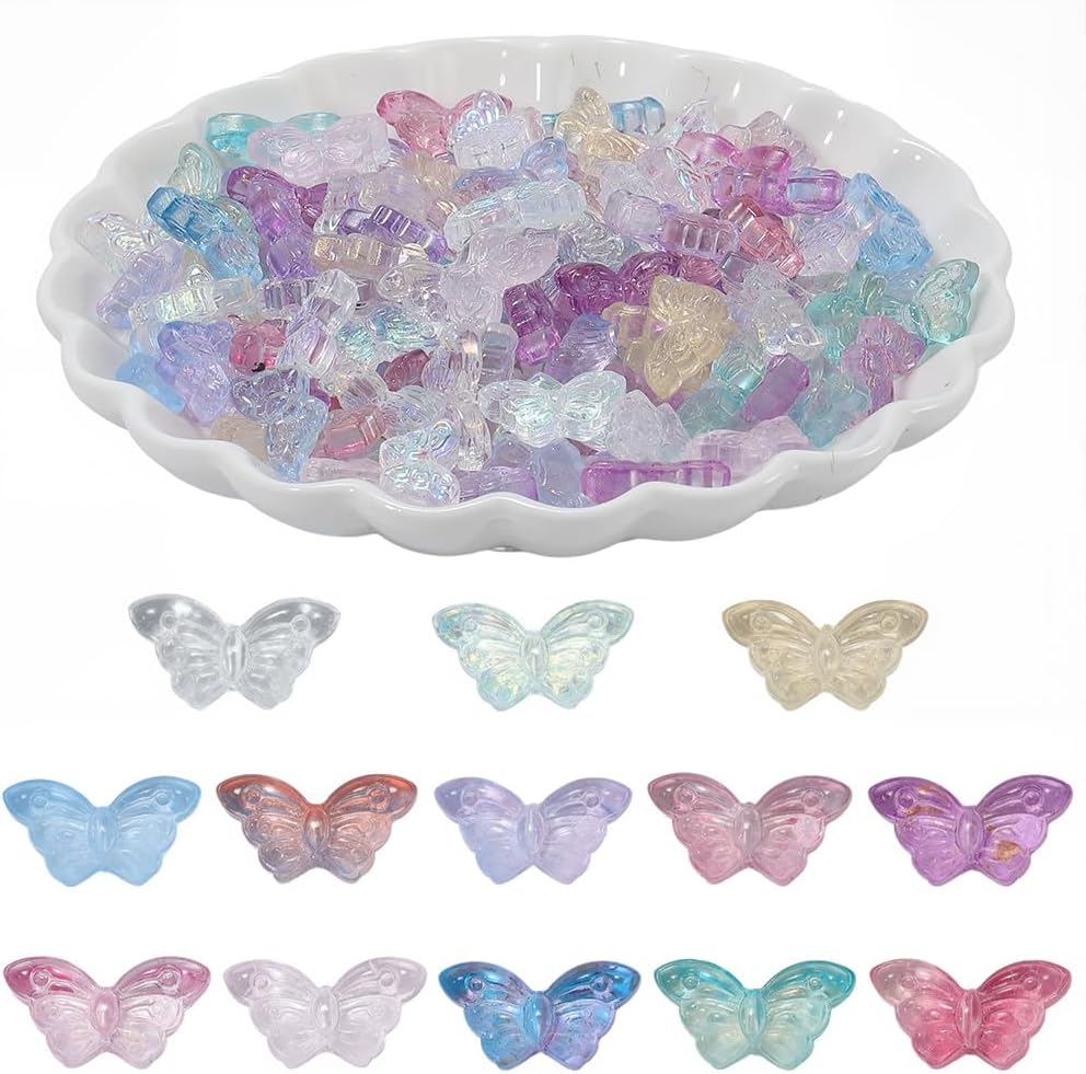 8MM 200PCS Transparent Butterfly Beads with Holes Glass Colorful Spray Painted Clear Flying Insect Charm Loose Spacer Bead Bulk for Jewelry Making Bracelet Necklace Earring Diy Craft Supply