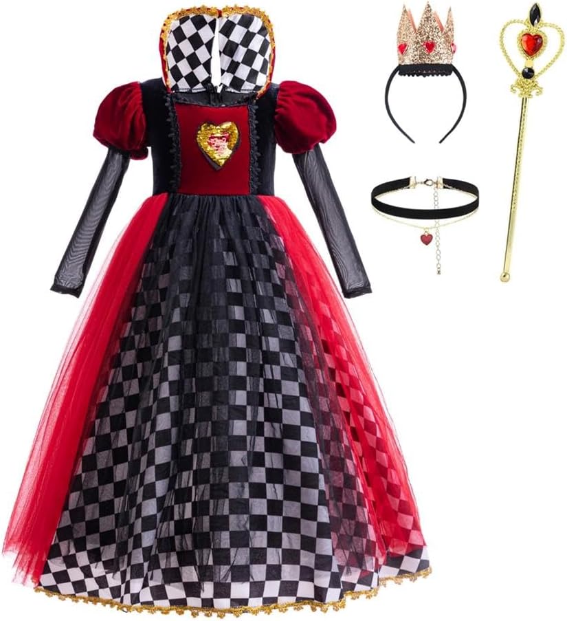 Dressy Daisy Toddler Little Girls Wonderland Red Heart Queen Halloween Costume Fancy Dress Party Outfit Crown Accessories Set