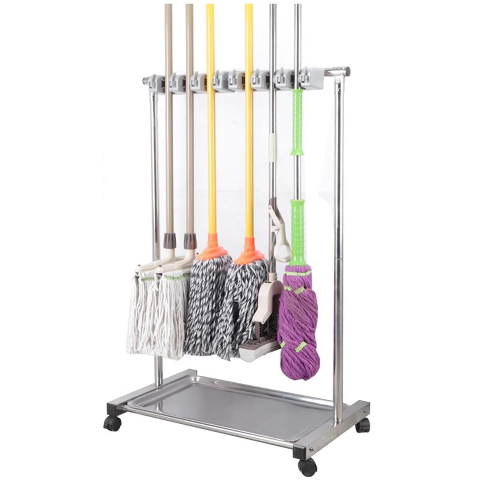 Besenmopp-Halter, Reinigungswagen auf Rädern, Haushalts-Caddy mit Regalen, Bodenreinigung, Wischwagen, Reinigungswerkzeugwagen für nasse Mops, Silber, 133 x 45 x 110 cm (13 Schlitze)